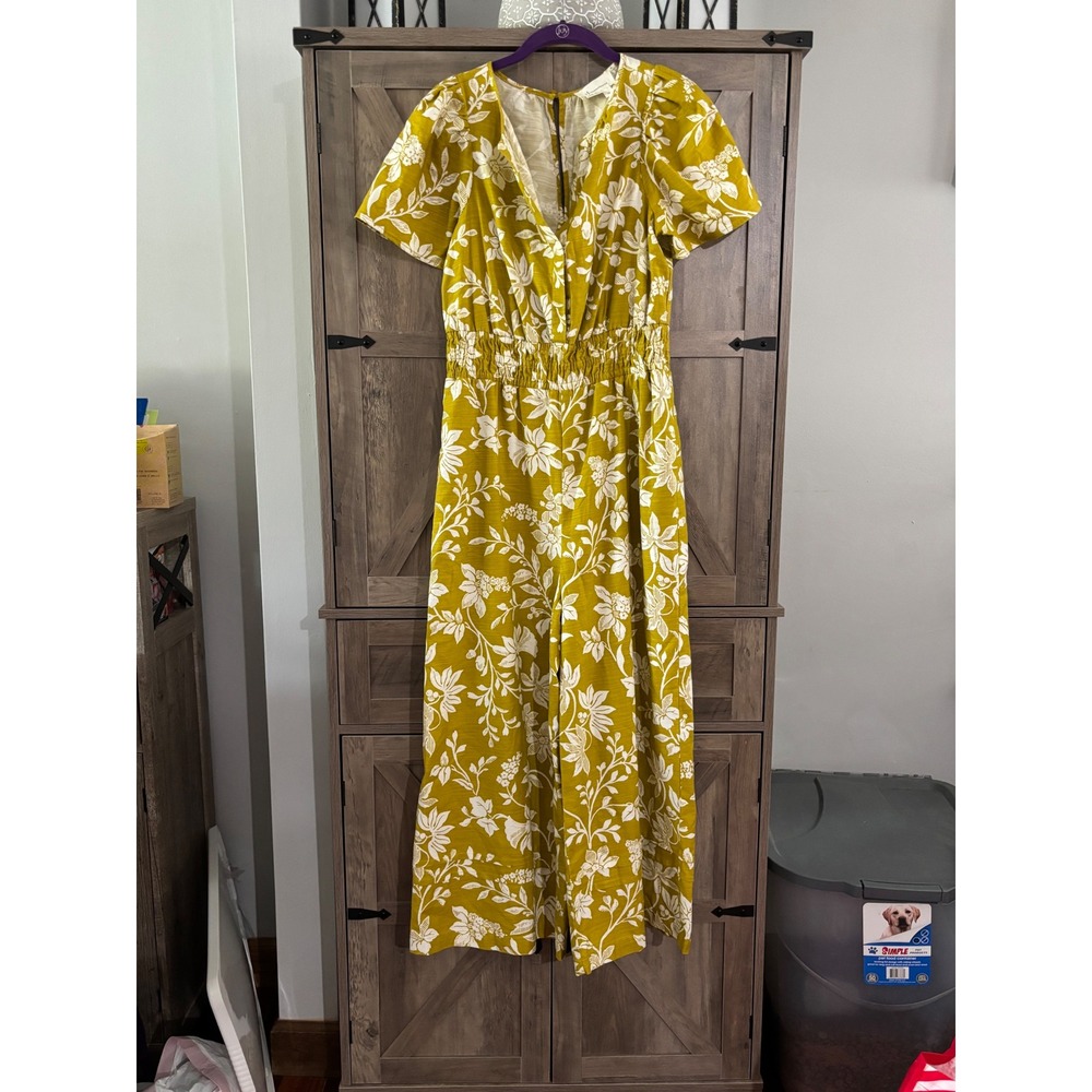 Anthropologie Floral Wide Leg Jumpsuit Mustard Yellow Smocked Waist XS